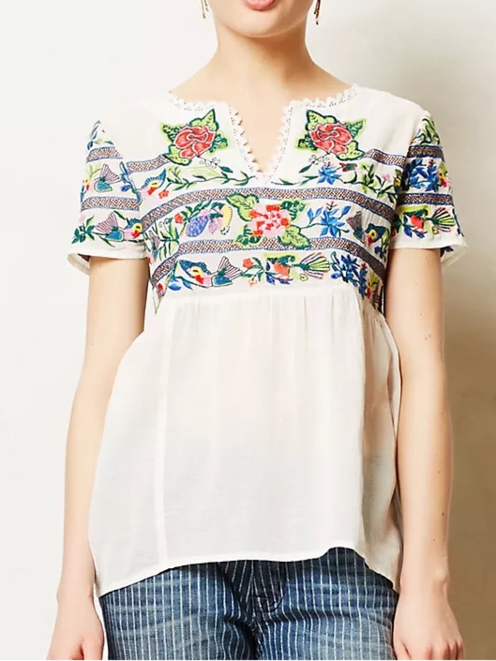 Anthropologie Vanessa Virginia Moineau Bouquet  Embroidered White Boho Top - 6P